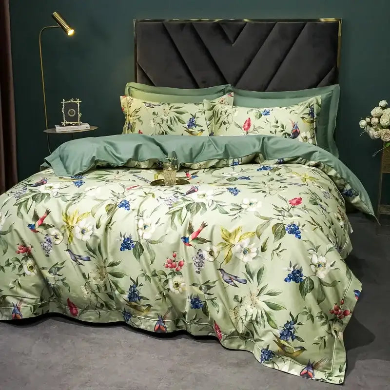 Luxurious sage green satin bedding set with vibrant bird floral print in decorbites 1400tc egyptian cotton material