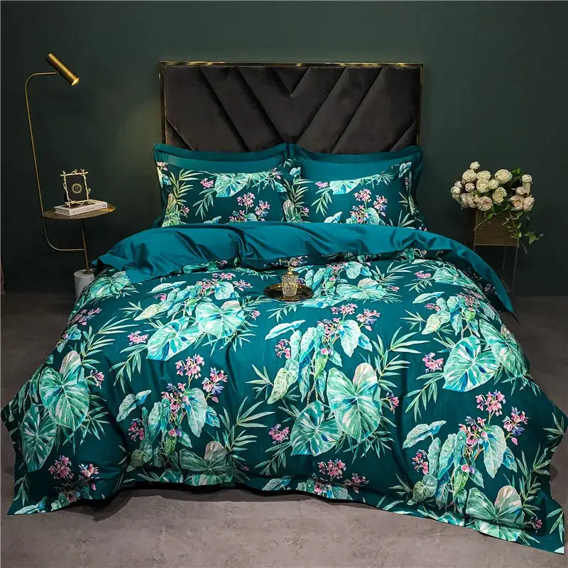 Teal tropical leaf and pink flower patterned bedding set in satin-like fabric from decorbites 1400tc egyptian cotton collection