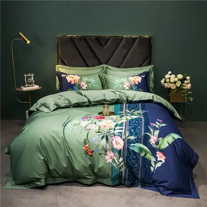 Elegant green and navy blue floral bedding set with intricate botanical prints made from decorbites 1400tc egyptian cotton