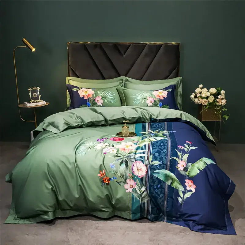 Elegant green and navy blue floral bedding set with intricate botanical prints made from decorbites 1400tc egyptian cotton
