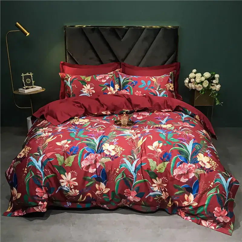 Luxurious burgundy floral bedding set with vibrant blossoms on satin-like fabric for decorbites 1400tc egyptian cotton collection