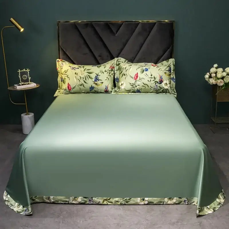 Sage green satin bedding set with floral and bird hem pattern made from decorbites 1400tc egyptian cotton