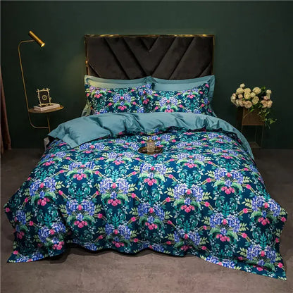 Teal floral comforter bedding set with vibrant purple and pink blossoms on dark green decorbites 1400tc egyptian cotton