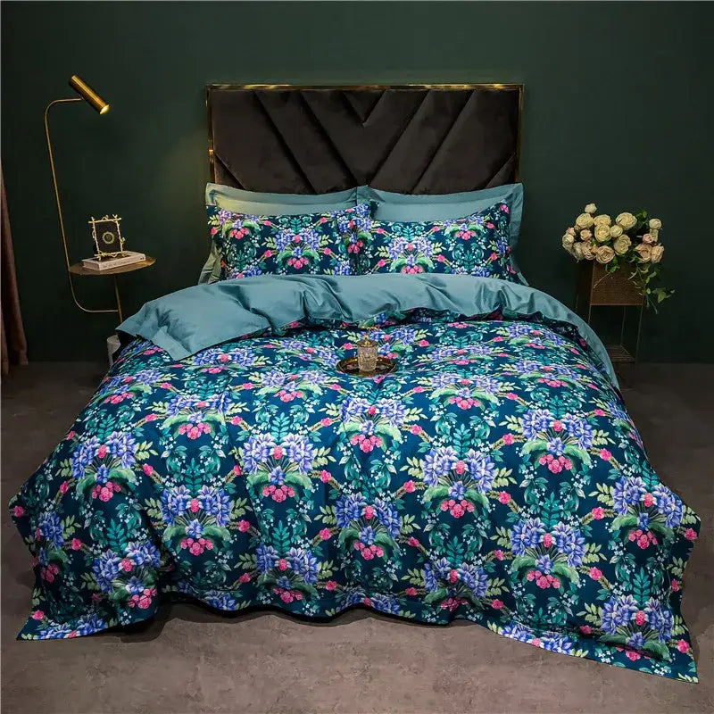 Teal floral comforter bedding set with vibrant purple and pink blossoms on dark green decorbites 1400tc egyptian cotton