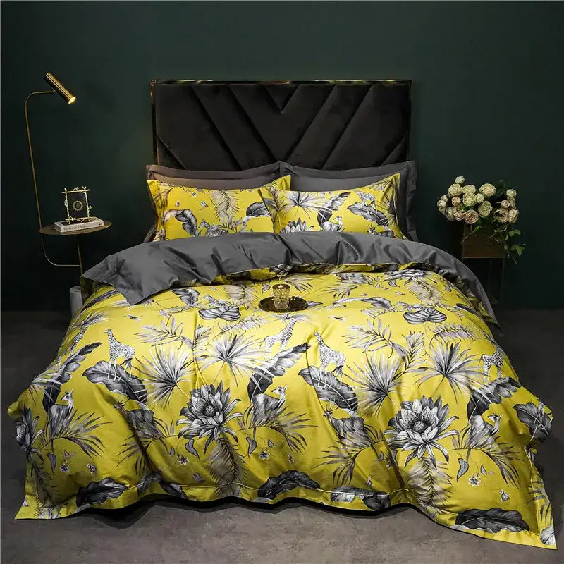Vibrant yellow bedding set with bold black and gray tropical floral patterns in decorbites 1400tc egyptian cotton