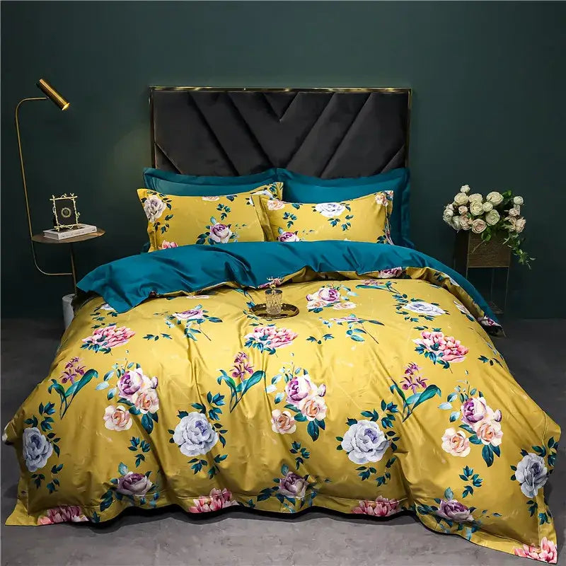 Yellow floral duvet set with pink white and purple roses on satin fabric in sage green cream decorbites 1400tc egyptian cotton bedding set