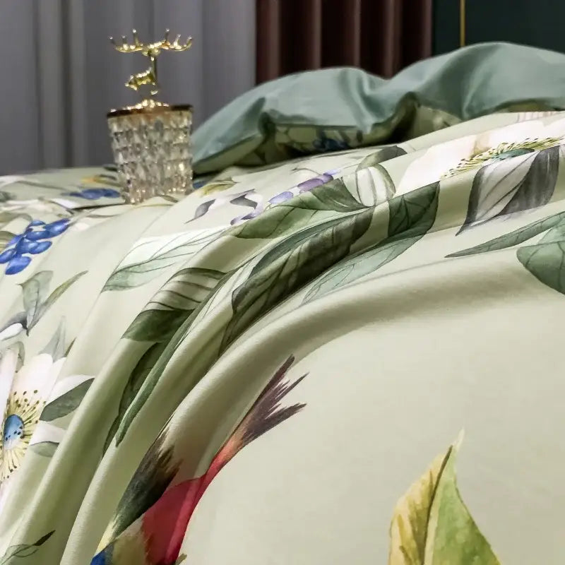 Elegant sage green satin bedspread with vibrant botanical print in decorbites 1400tc egyptian cotton bedding set
