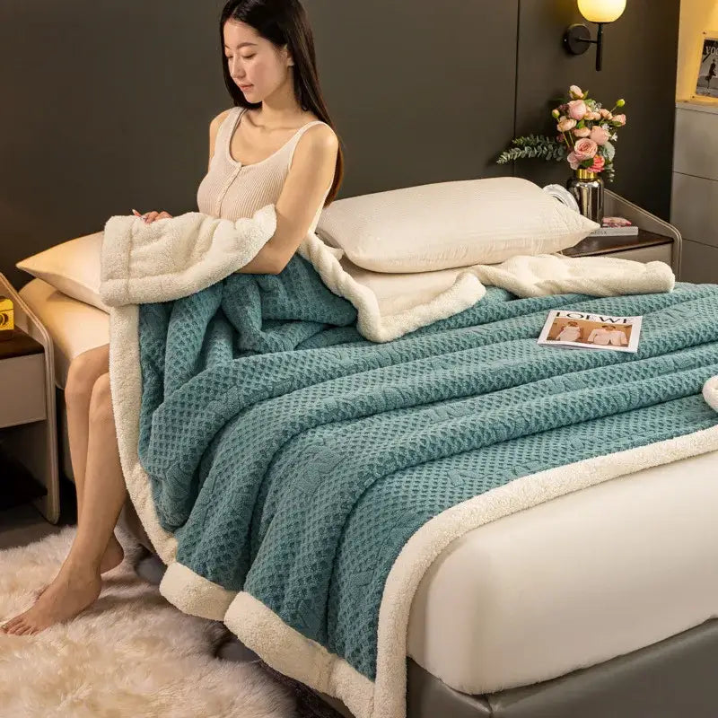 Teal and cream two-sided sherpa blanket with textured knit exterior offering decorbites cozy warmth velvet comfort