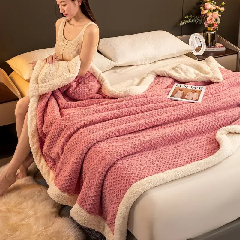 Pink and cream two-sided plush blanket with textured knit pattern for decorbites cozy warmth velvet autumn use