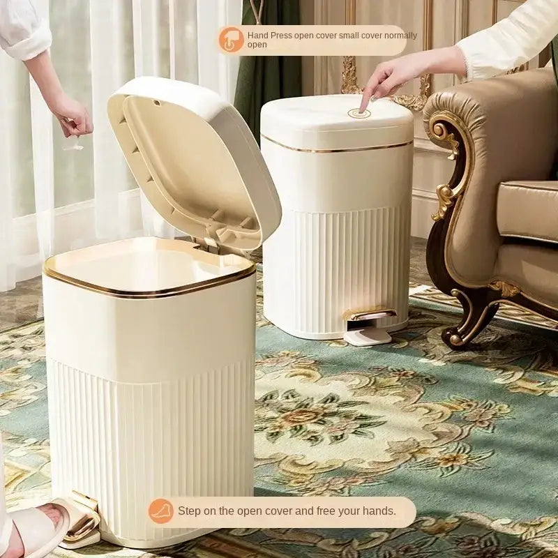Cream-colored rectangular pedal trash can with gold trim and ridges for hands-free use by decorbites light luxury