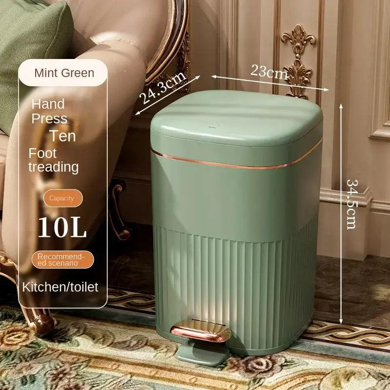 Mint green 10l pedal trash can with gold trim and vertical ribs for decorbites light luxury kitchen bin use