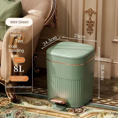 Mint green 8l pedal trash can with gold trim and vertical ribbed design from decorbites light luxury collection
