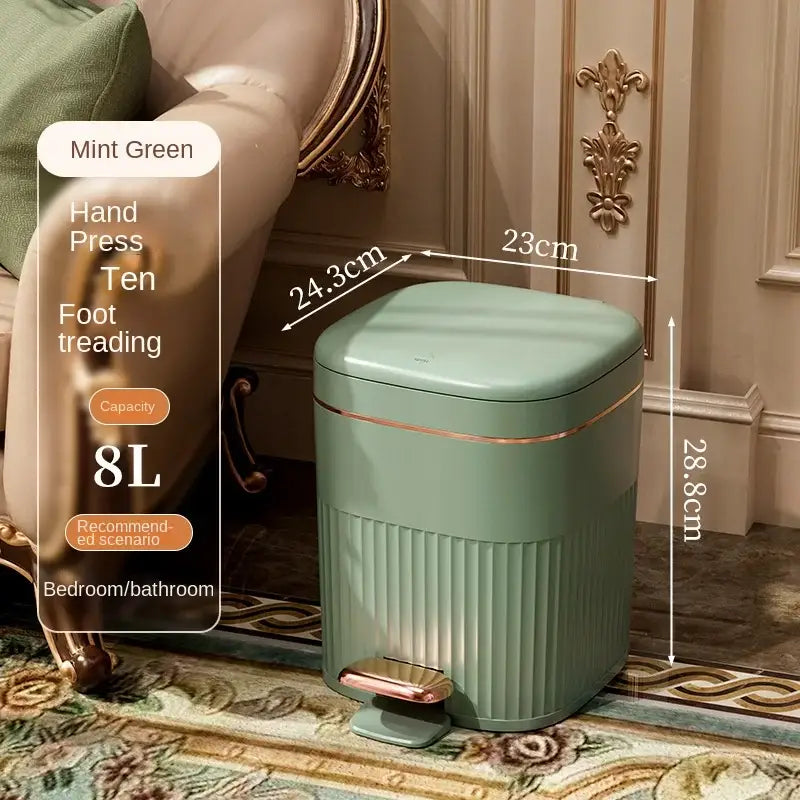 Mint green 8l pedal trash can with gold trim and vertical ribbed design from decorbites light luxury collection