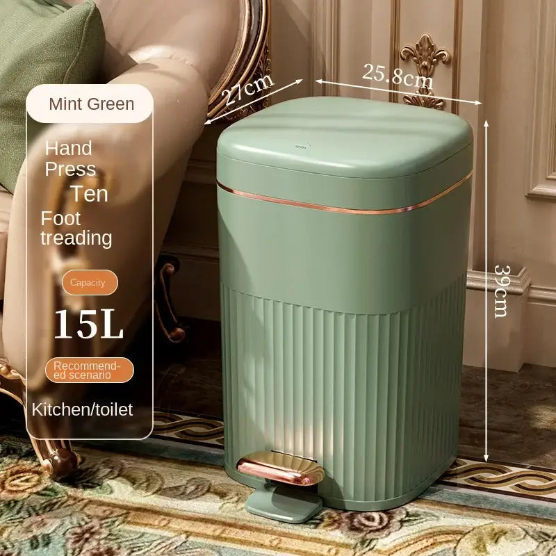 Sage green and cream decorbites light luxury pedal trash can with mint green foot pedal and rose gold trim vertical ribbed design
