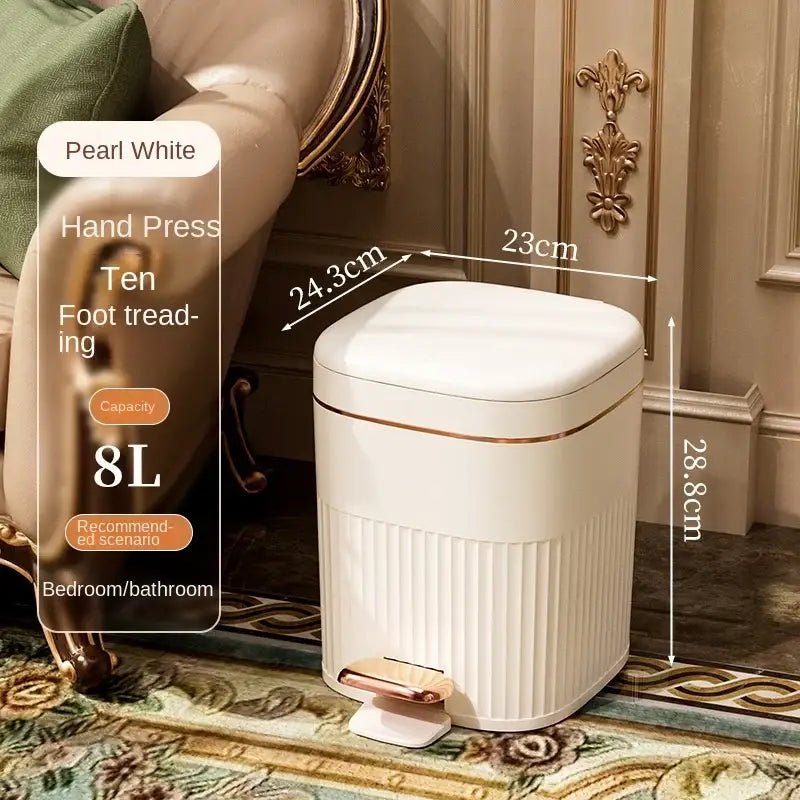 Pearl white pedal trash can with gold trim and ribbed texture ideal for decorbites light luxury kitchen bin