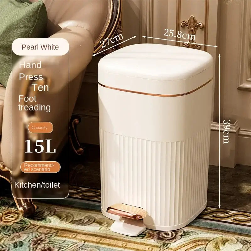 Pearl white rectangular pedal trash can with gold trim and ribbed texture for decorbites light luxury kitchen bin