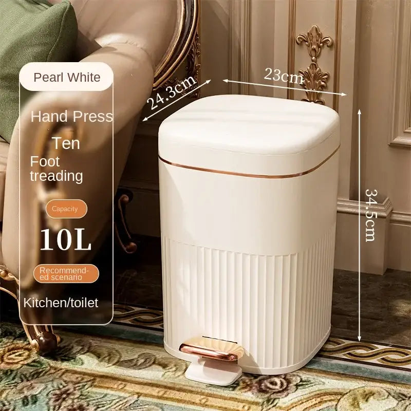 Pearl white 10l foot pedal trash can with gold trim and vertical ridged design for decorbites light luxury kitchen bin