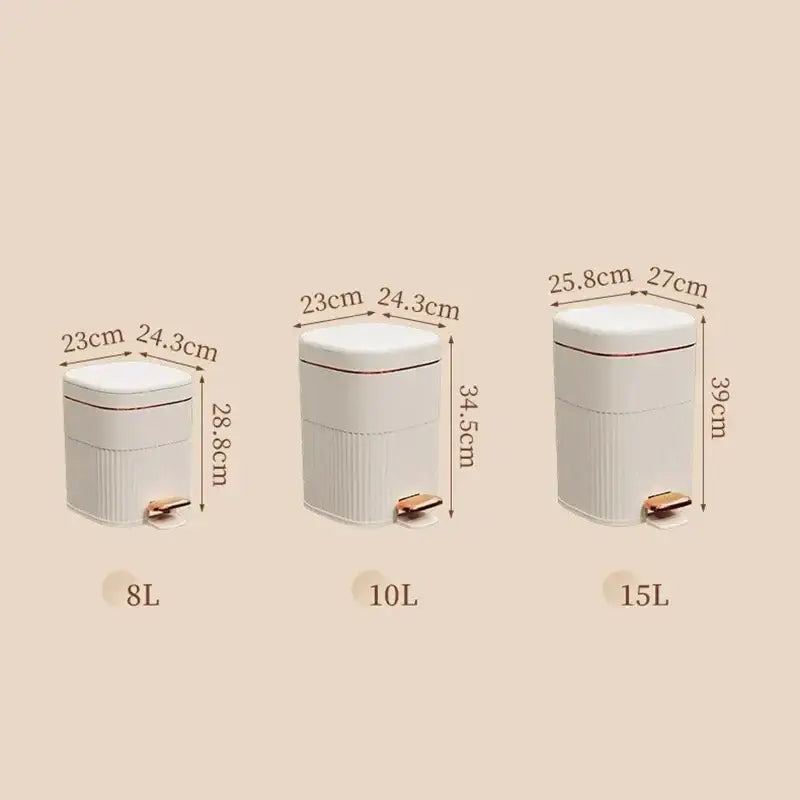 Three white pedal trash cans with gold accents and vertical ribbed sides for decorbites light luxury kitchen use