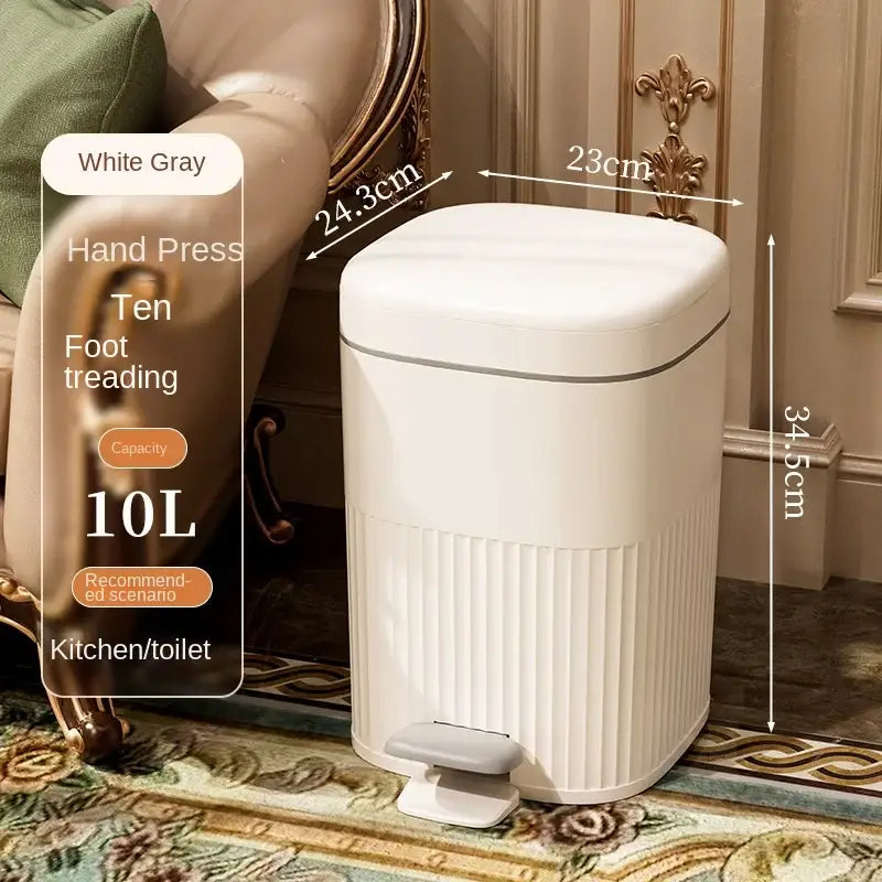 White gray plastic pedal trash can with vertical ribbed texture and sleek modern design for light luxury pedal use
