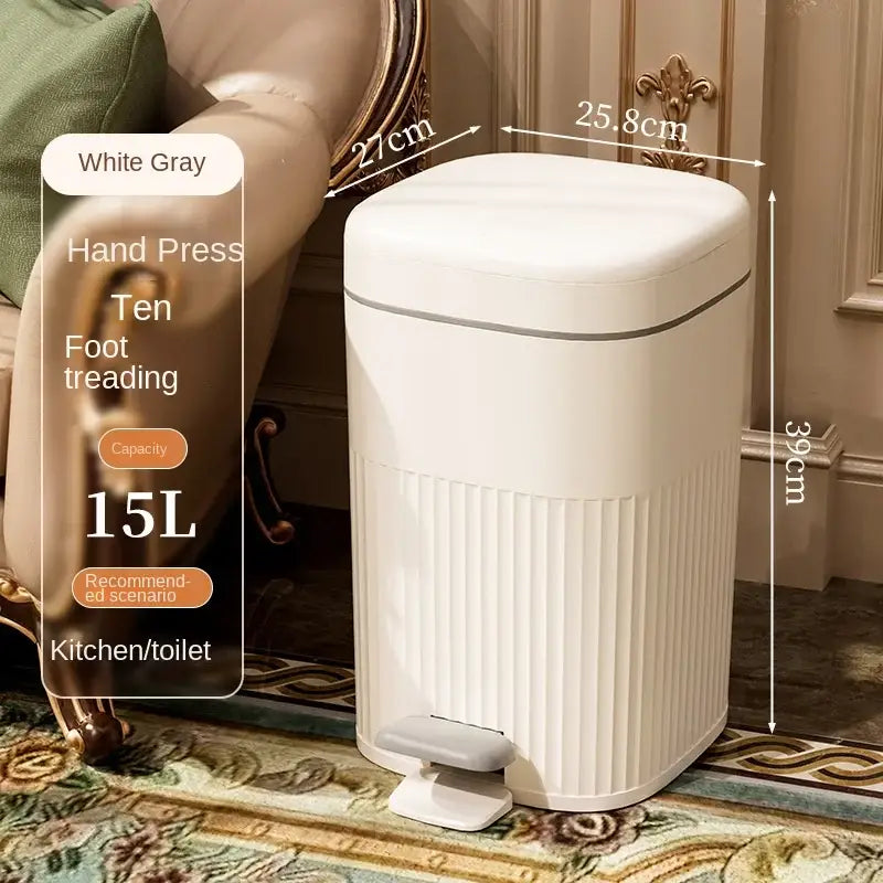White gray rectangular pedal trash can with vertical ribbed texture and sleek lid for decorbites light luxury use