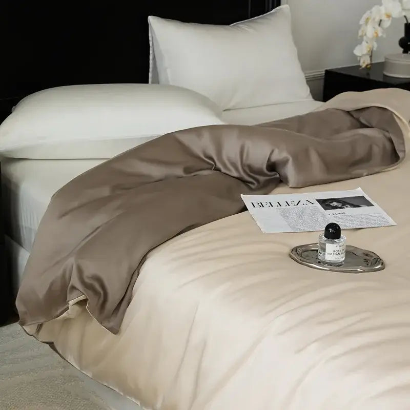 A luxurious taupe satin duvet set with a smooth glossy finish in a sage green double layer satin queen bedding