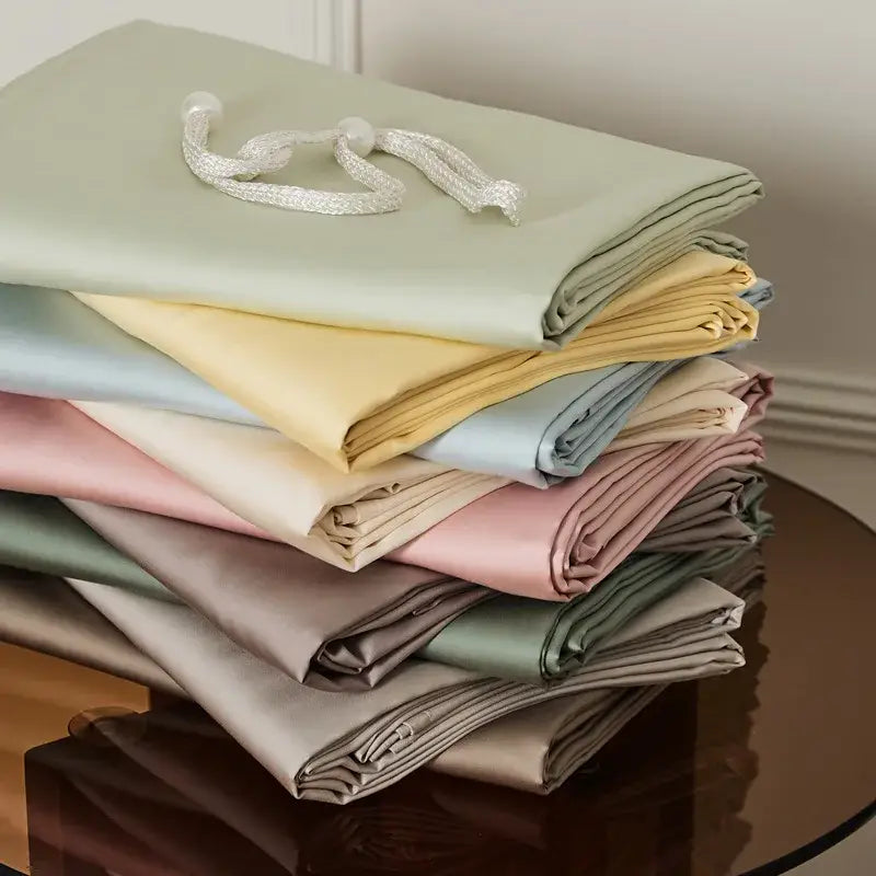 Stack of soft sage green double layer satin queen duvet set sheets with delicate silver drawstring for bedroom bedding