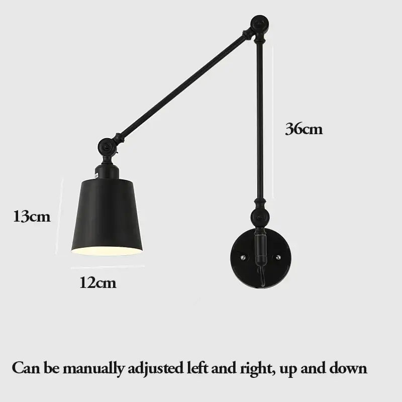 Black matte-finished decorbites adjustable telescopic wall lamp with conical shade for bedroom lighting
