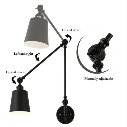 Black decorbites adjustable telescopic wall lamp with two articulated arms and conical shades for bedroom use