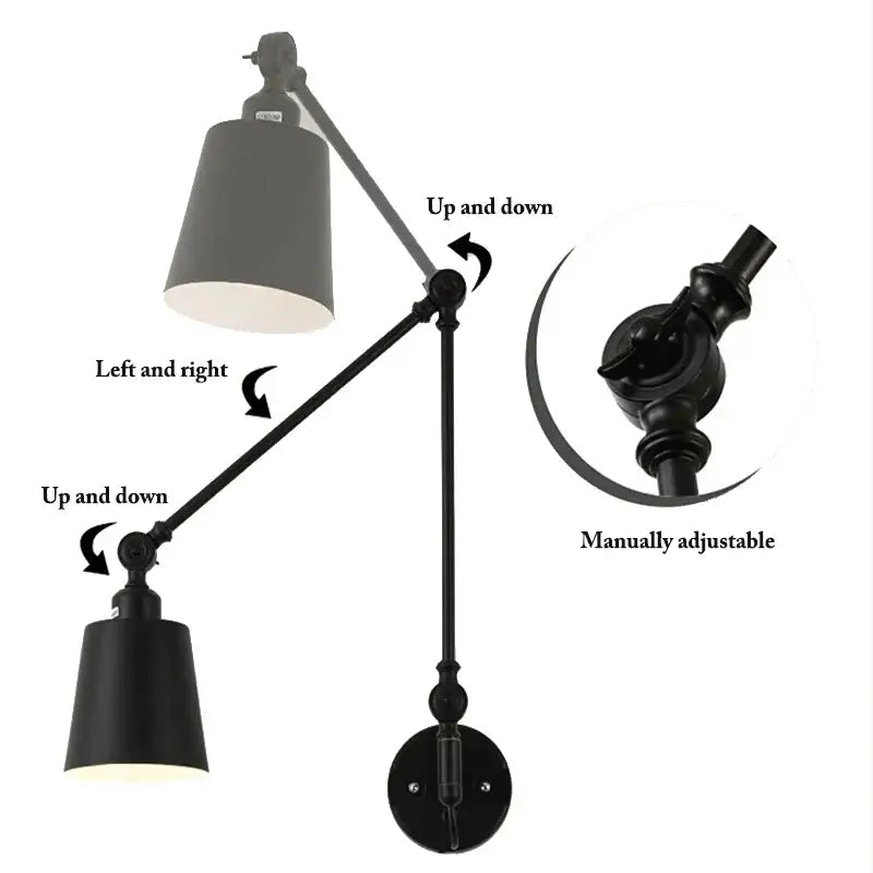 Black decorbites adjustable telescopic wall lamp with two articulated arms and conical shades for bedroom use