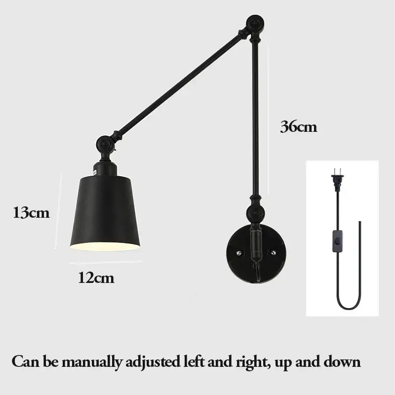 Black matte-finished decorbites adjustable telescopic wall lamp with conical shade and articulated arm for bedroom use