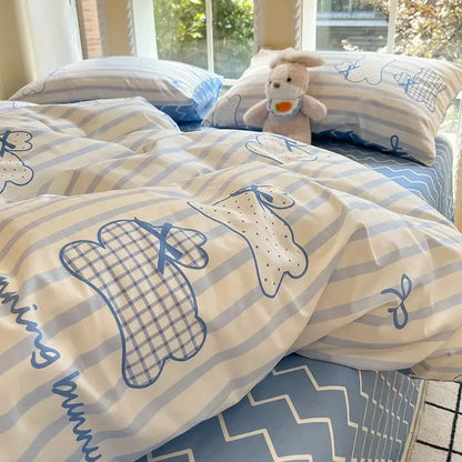 Blue and white striped bedding set with bunny plaid designs and bows complements decorbites grid print cotton bedding set