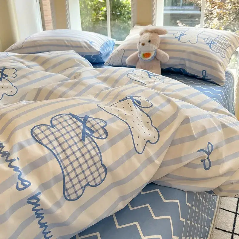 Blue and white striped bedding set with bunny plaid designs and bows complements decorbites grid print cotton bedding set