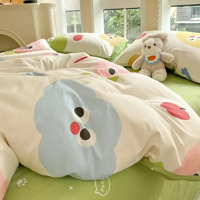 Cute pastel-colored cartoon bedding set with soft plush fabric and playful prints complements decorbites grid print cotton design