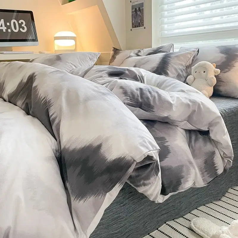 Gray and white tie-dye duvet cover set with soft textured fabric finish in sage green decorbites grid print cotton bedding set