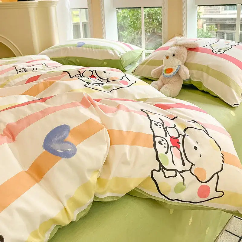Pastel-colored cartoon-themed duvet set with striped patterns in soft plush fabric complements sage green grid print cotton bedding set decorbites grid print