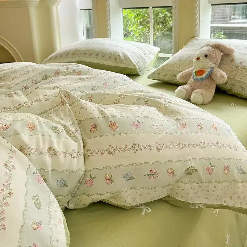 Pastel green and cream floral bedding set with delicate embroidery paired with decorbites grid print cotton bedding set