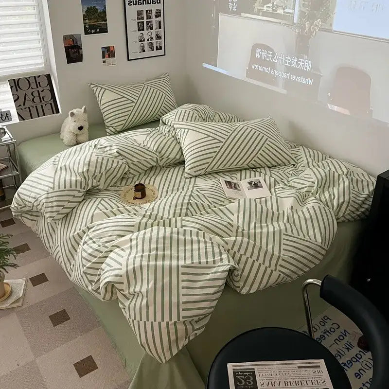 Sage green grid print cotton bedding set with green and white striped geometric pattern for bedroom decorbites grid print