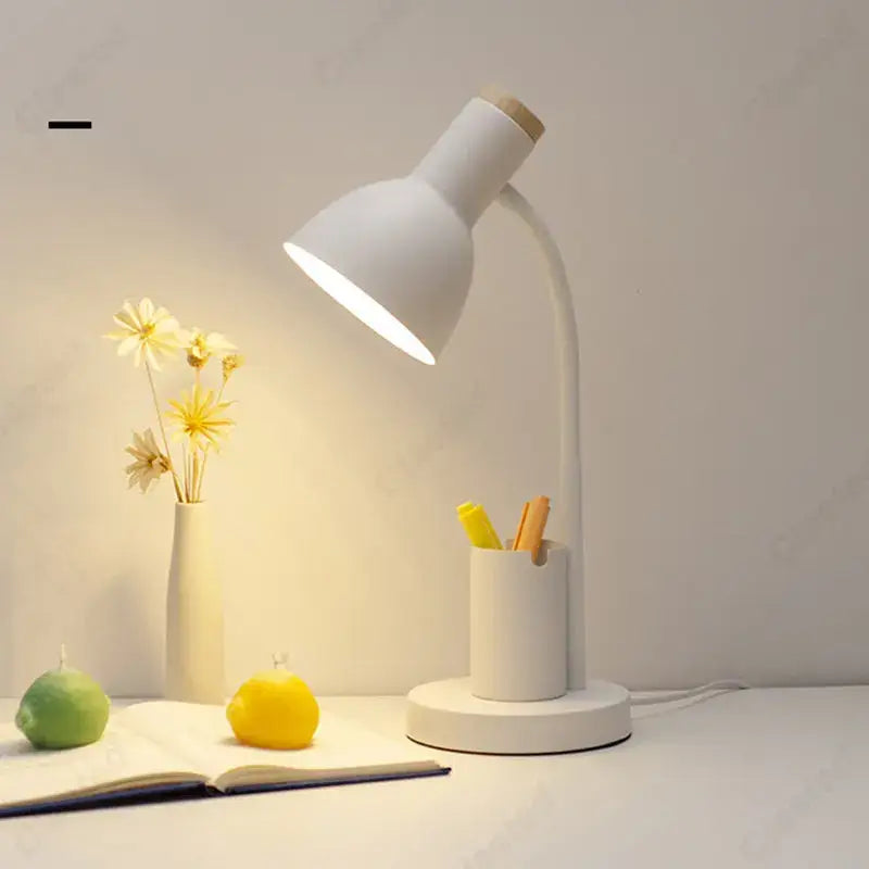 White desk lamp with curved neck wooden accent and integrated cylindrical pen holder for decorbites cute nordic desk lamp