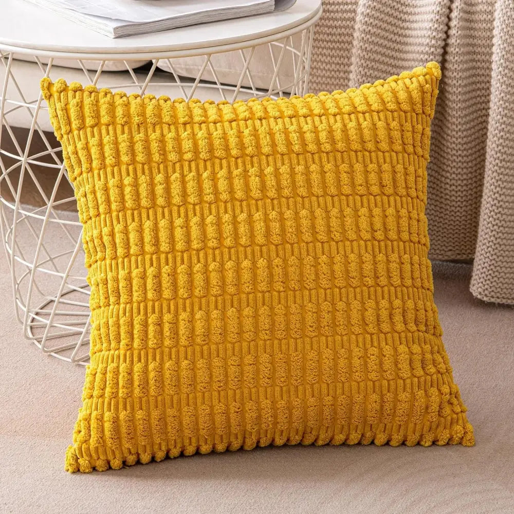 Vibrant yellow textured throw pillow with chunky knitted pattern for cozy living room throw pillow cover decor