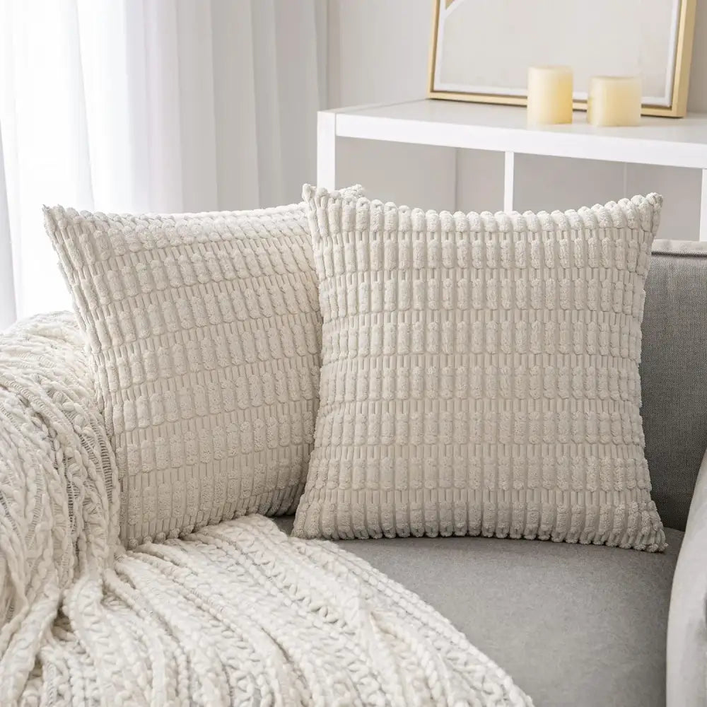Cream-colored textured throw pillow covers with ribbed woven fabric for living room decor throw pillow cover