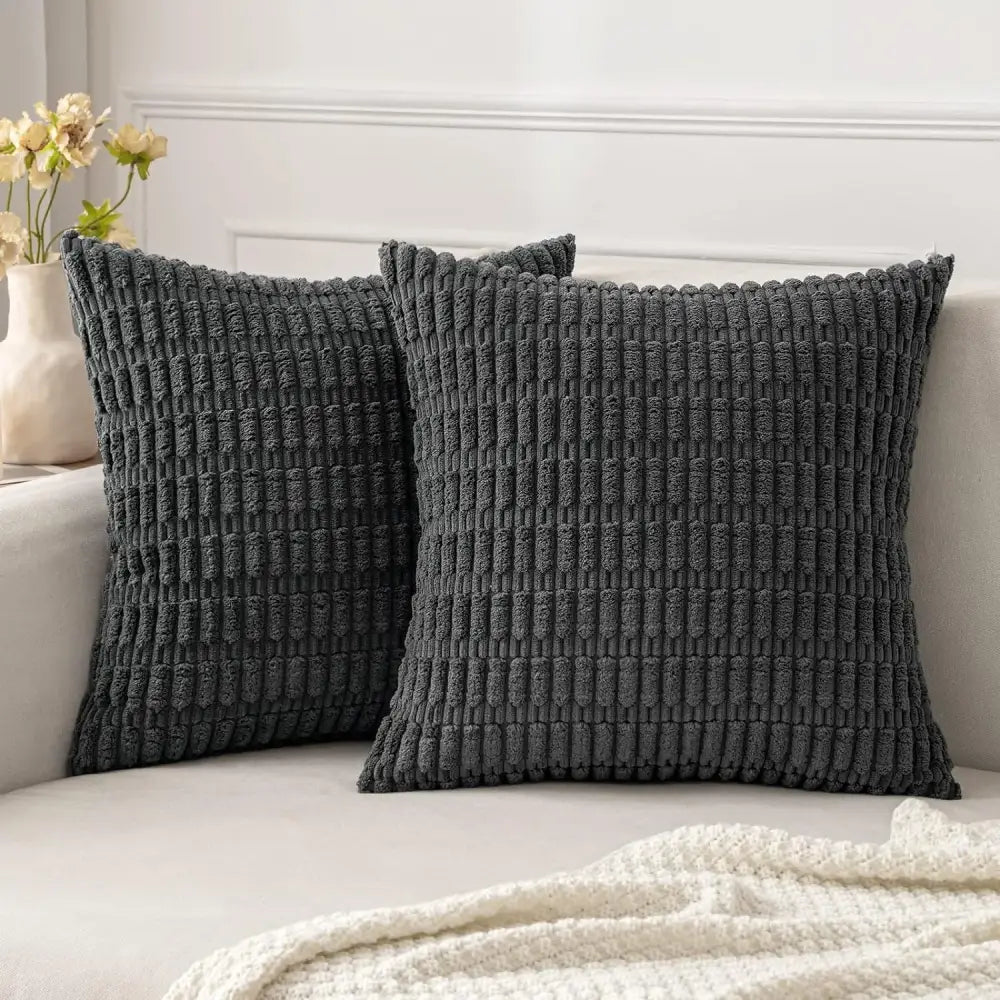 Dark gray ribbed corduroy throw pillow cover with textured finish for stylish living room decor and pillow cover use