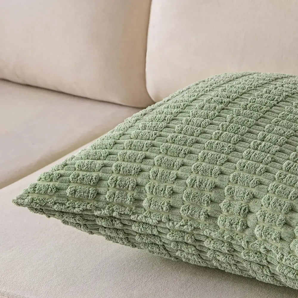 Soft sage green ribbed corduroy throw pillow cover with raised woven pattern for living room decor