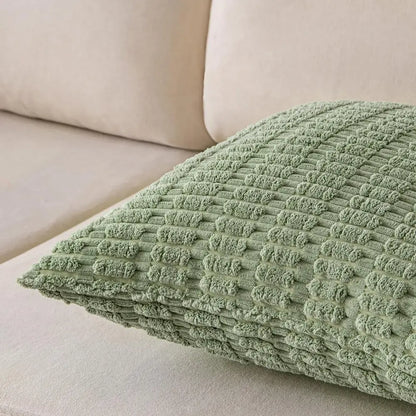 Soft sage green ribbed corduroy throw pillow cover with raised woven pattern for living room decor