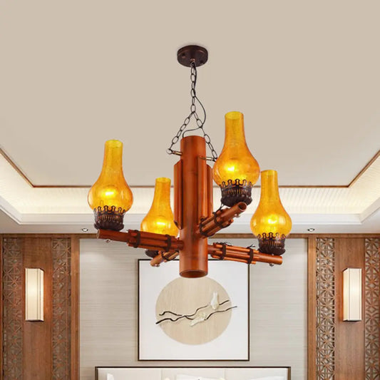 Sandra - Brown Brown 4 Heads Chandelier Light Farmhouse Yellow Crackle Glass Vase Shade Ceiling Pendant with Bamboo Arm Design