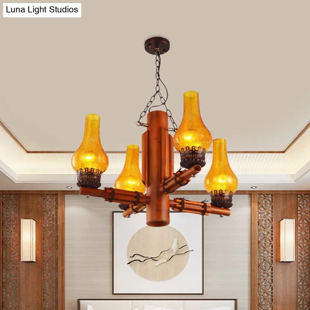 Sandra - Brown Brown 4 Heads Chandelier Light Farmhouse Yellow Crackle Glass Vase Shade Ceiling Pendant with Bamboo Arm Design