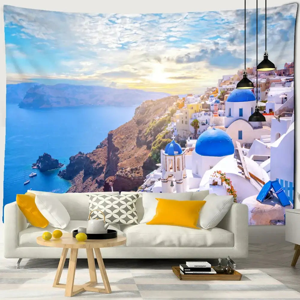 Santorini castle village sunset tapestry featuring white buildings with blue domes for bedroom wall art decor