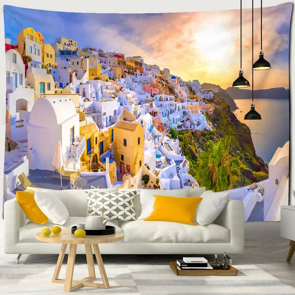 A vibrant colorful tapestry depicting santorini castle village sunset with white pastel buildings for bedroom wall art