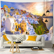 A vibrant colorful tapestry depicting santorini castle village sunset with white pastel buildings for bedroom wall art