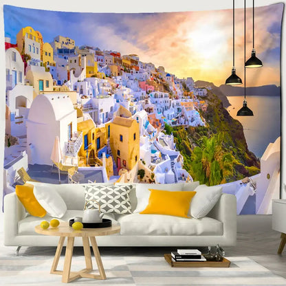 A vibrant colorful tapestry depicting santorini castle village sunset with white pastel buildings for bedroom wall art