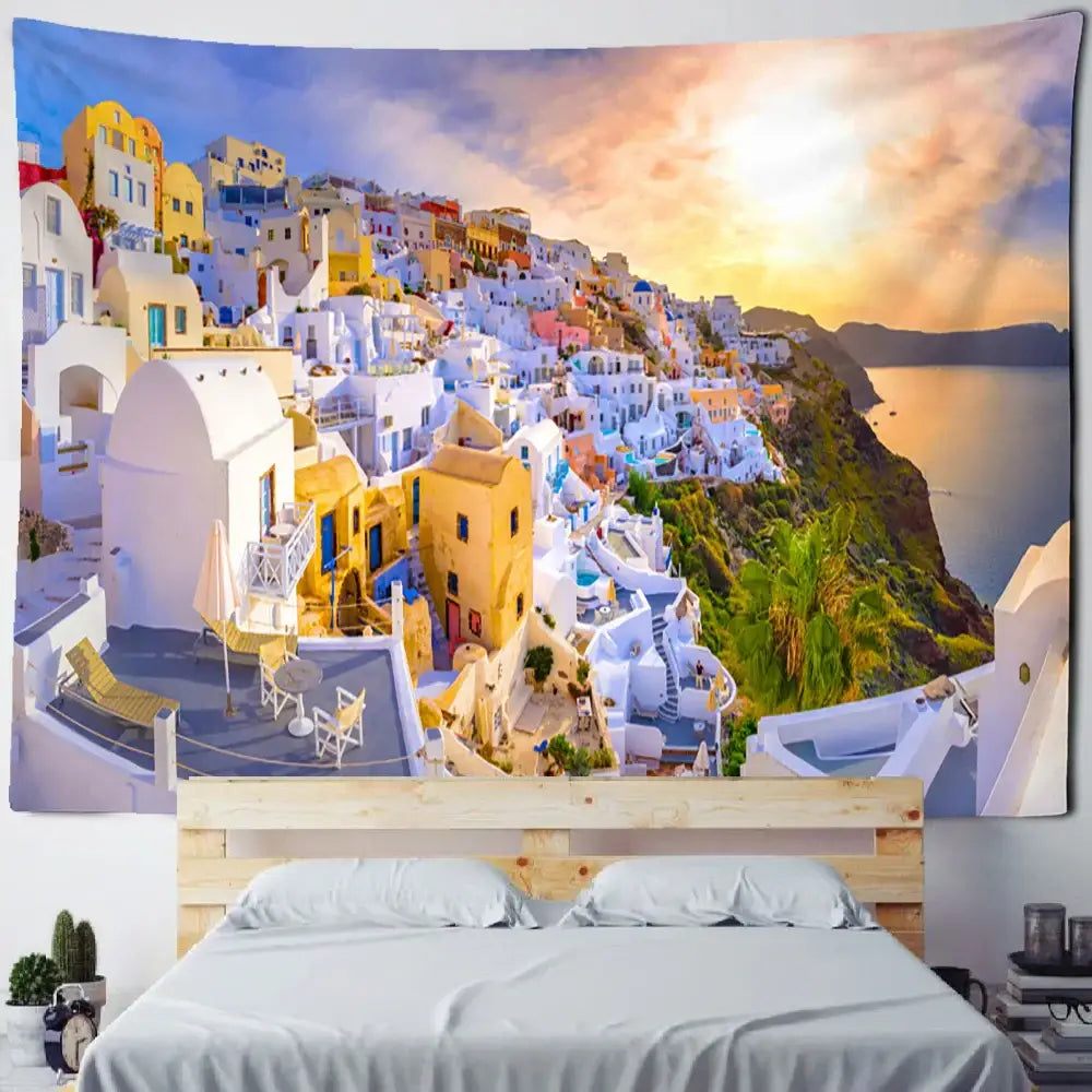 Vibrant colorful tapestry of castle village sunset with pastel buildings under warm sky for bedroom wall art